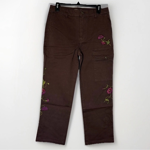 NEW Sundance Women’s Embroidered Cargo Pants 6 Dark Brown Boho Cotton Stretch - Picture 2 of 11